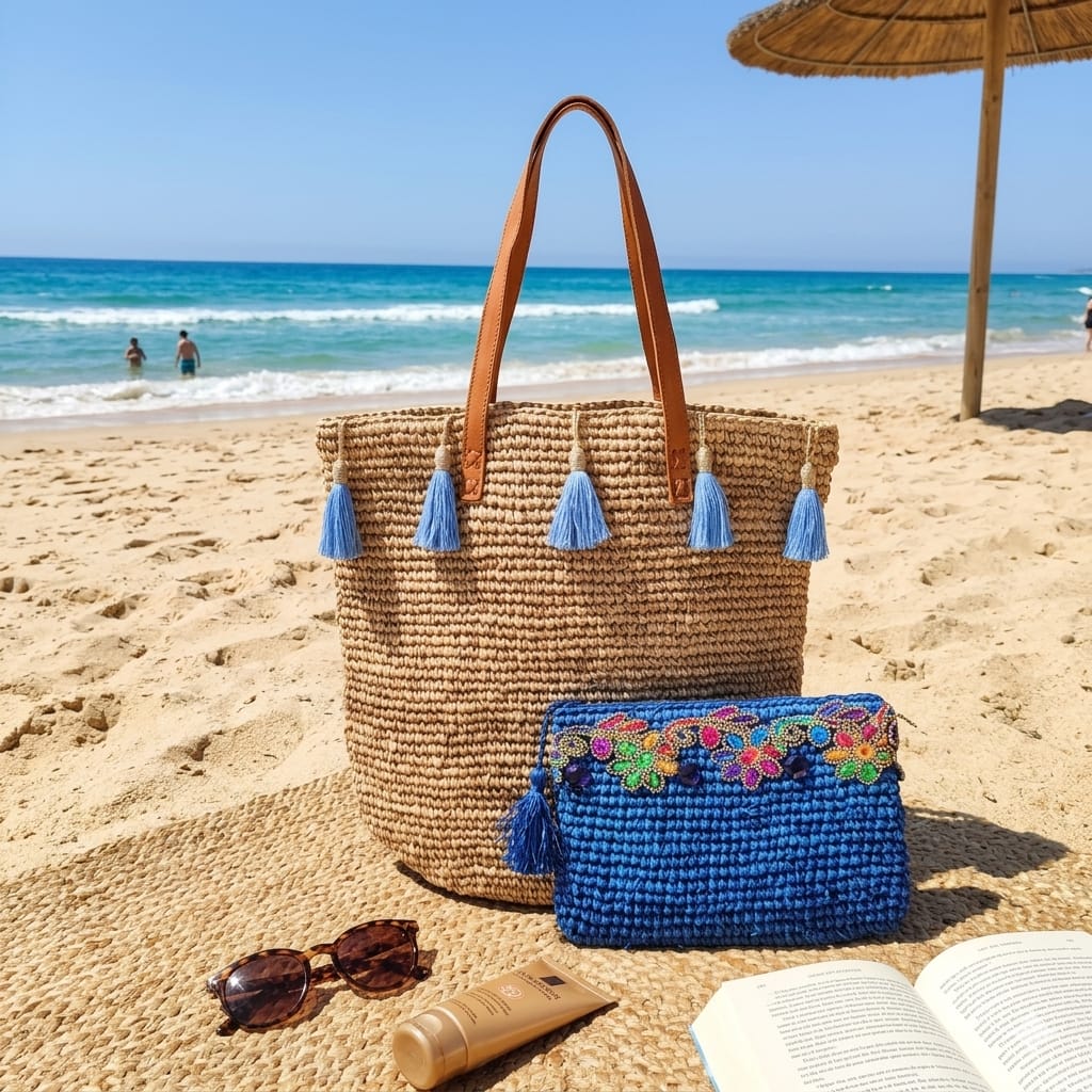 Borsa in rafia blu con treccia multicolore – Collezione Bona