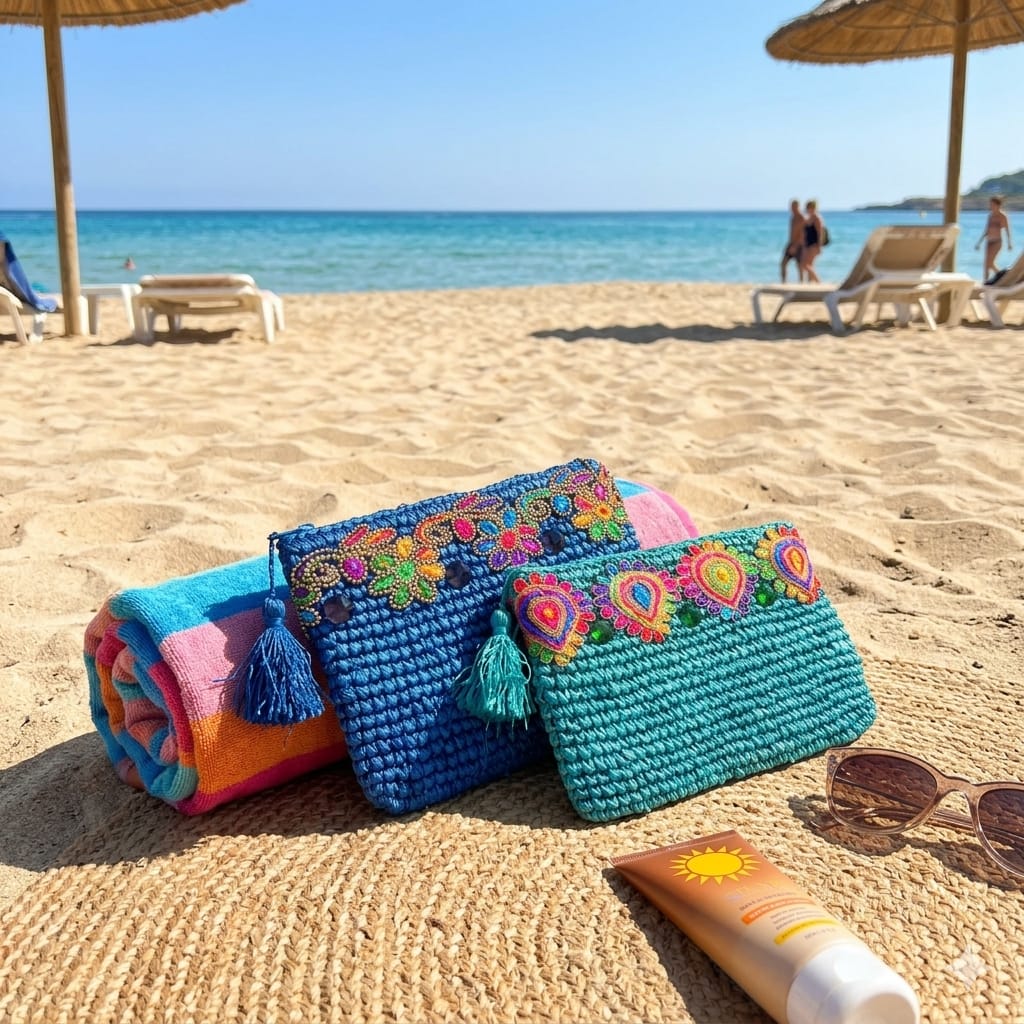 Borsa in rafia blu con treccia multicolore – Collezione Bona