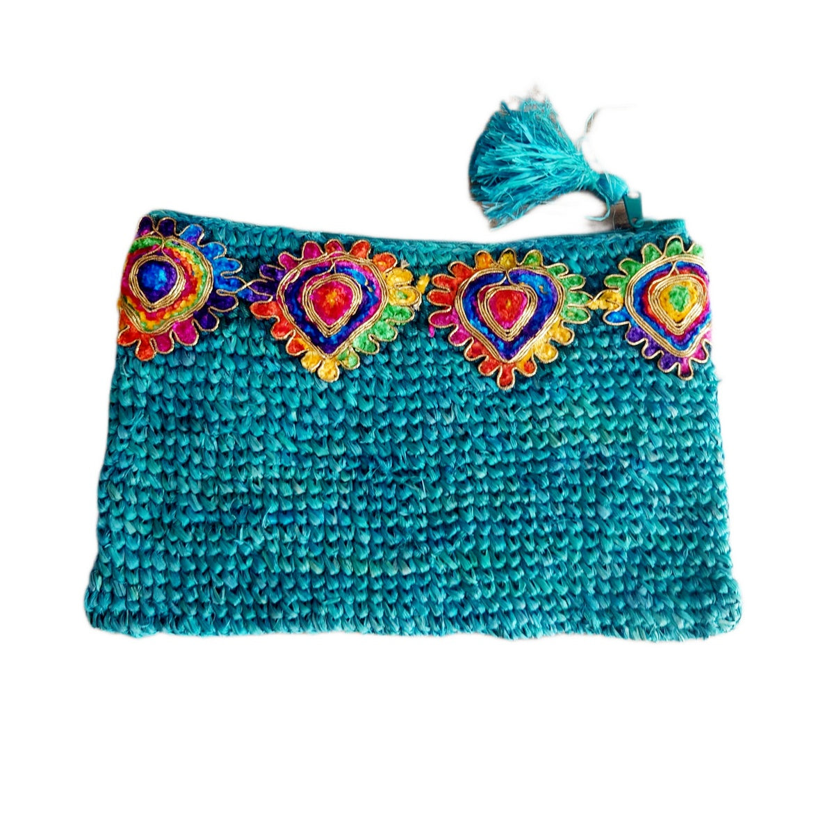 Pochette en Raphia Turquoise avec Galon Multicolore – Collection Bona