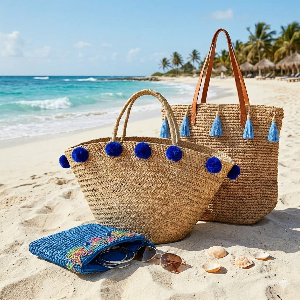 Sac Jemen en raphia à pompons bleus