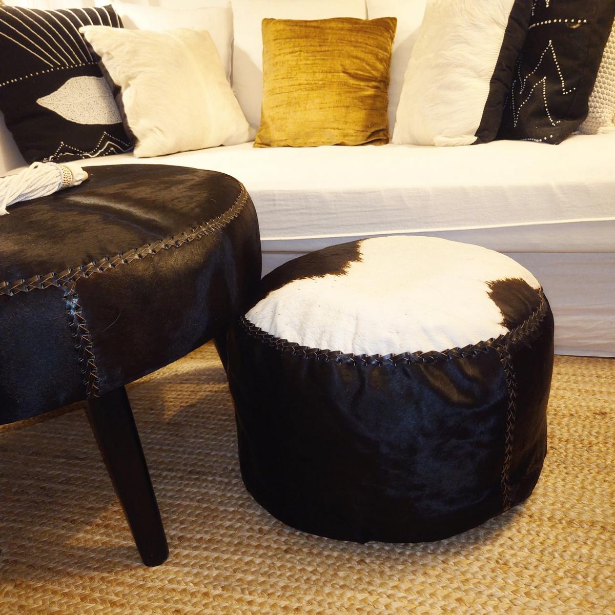 Pouf rond en peau de vache